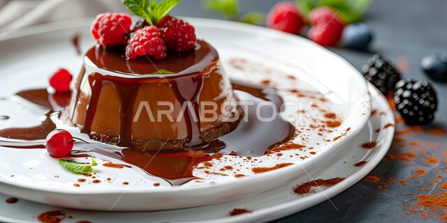  حلويات طازجة مخبوزة في الفرن، قطعة من كيكة الشوكولاتة الإسفنجية المزينة بالشوكولاته والكريمة والفواكه، حشوة كريمة الكاكاو الشهية، أطعمه وسكريات ذات سعرات حراريه عاليه، قطع الحلوى اللذيذة