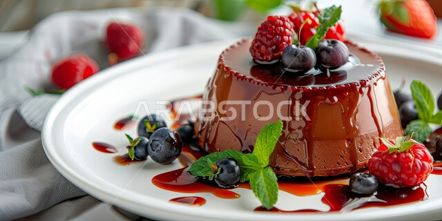  حلويات طازجة مخبوزة في الفرن، قطعة من كيكة الشوكولاتة الإسفنجية المزينة بالشوكولاته والكريمة والفواكه، حشوة كريمة الكاكاو الشهية، أطعمه وسكريات ذات سعرات حراريه عاليه، قطع الحلوى اللذيذة