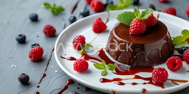  حلويات طازجة مخبوزة في الفرن، قطعة من كيكة الشوكولاتة الإسفنجية المزينة بالشوكولاته والكريمة والفواكه، حشوة كريمة الكاكاو الشهية، أطعمه وسكريات ذات سعرات حراريه عاليه، قطع الحلوى اللذيذة