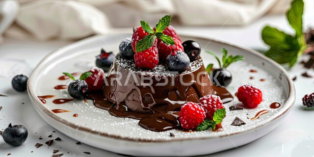  حلويات طازجة مخبوزة في الفرن، قطعة من كيكة الشوكولاتة الإسفنجية المزينة بالشوكولاته والكريمة والفواكه، حشوة كريمة الكاكاو الشهية، أطعمه وسكريات ذات سعرات حراريه عاليه، قطع الحلوى اللذيذة