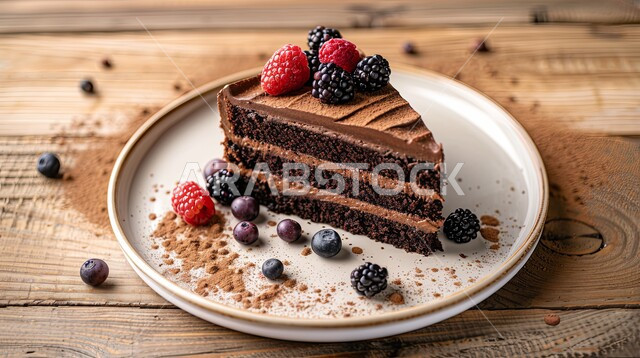  حلويات طازجة مخبوزة في الفرن، قطعة من كيكة الشوكولاتة الإسفنجية المزينة بالشوكولاته والكريمة والفواكه، حشوة كريمة الكاكاو الشهية، أطعمه وسكريات ذات سعرات حراريه عاليه، قطع الحلوى اللذيذة