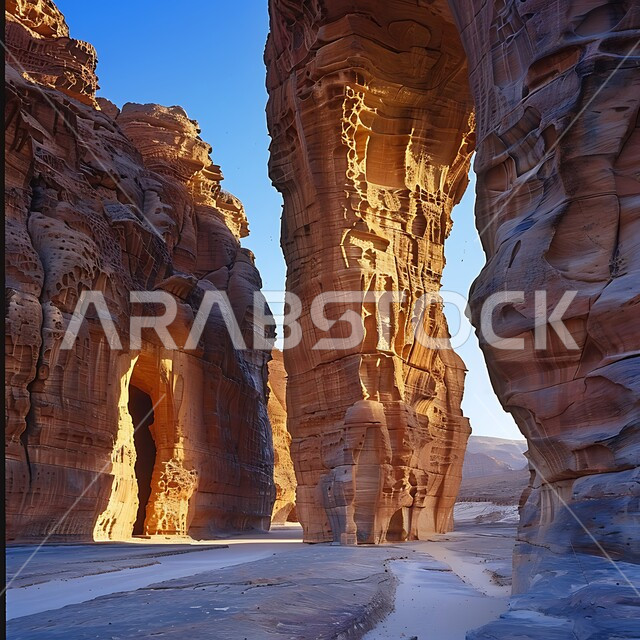 معالم اثرية تاريخية قديمة، اماكن سياحية مشهورة، التكوينات والتشكيلات الصخرية في صحراء محافظة العلا، القمم والمرتفعات الجبلية وسط البيئة الرمليه، المناظر الطبيعية في المناطق الصحراوية في المملكة العربيه السعودية