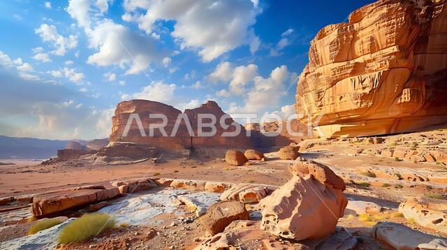 معالم اثرية تاريخية قديمة، اماكن سياحية مشهورة، التكوينات والتشكيلات الصخرية في صحراء محافظة العلا، القمم والمرتفعات الجبلية وسط البيئة الرمليه، المناظر الطبيعية في المناطق الصحراوية في المملكة العربيه السعودية