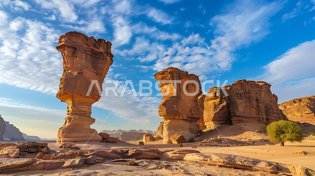 معالم اثرية تاريخية قديمة، اماكن سياحية مشهورة، التكوينات والتشكيلات الصخرية في صحراء محافظة العلا، القمم والمرتفعات الجبلية وسط البيئة الرمليه، المناظر الطبيعية في المناطق الصحراوية في المملكة العربيه السعودية