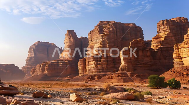 معالم اثرية تاريخية قديمة، اماكن سياحية مشهورة، التكوينات والتشكيلات الصخرية في صحراء محافظة العلا، القمم والمرتفعات الجبلية وسط البيئة الرمليه، المناظر الطبيعية في المناطق الصحراوية في المملكة العربيه السعودية