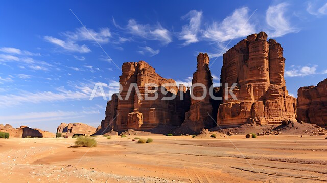 معالم اثرية تاريخية قديمة، اماكن سياحية مشهورة، التكوينات والتشكيلات الصخرية في صحراء محافظة العلا، القمم والمرتفعات الجبلية وسط البيئة الرمليه، المناظر الطبيعية في المناطق الصحراوية في المملكة العربيه السعودية