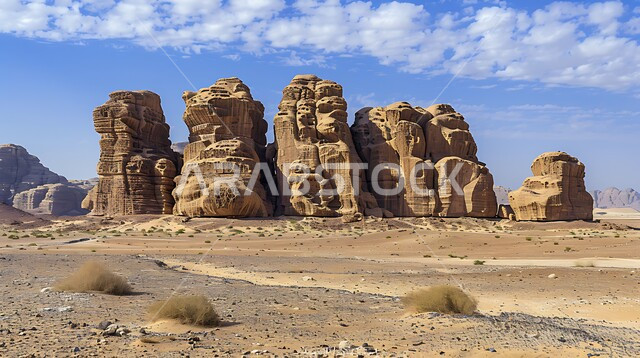 معالم اثرية تاريخية قديمة، اماكن سياحية مشهورة، التكوينات والتشكيلات الصخرية في صحراء محافظة العلا، القمم والمرتفعات الجبلية وسط البيئة الرمليه، المناظر الطبيعية في المناطق الصحراوية في المملكة العربيه السعودية