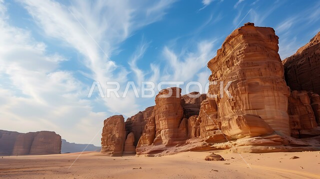 Mountain peaks and heights in the middle of the sandy environment, natural landscapes in the desert areas of the Kingdom of Saudi Arabia, ancient historical monuments, famous tourist places, rock formations and formations in the desert of Al-Ula Governorate
