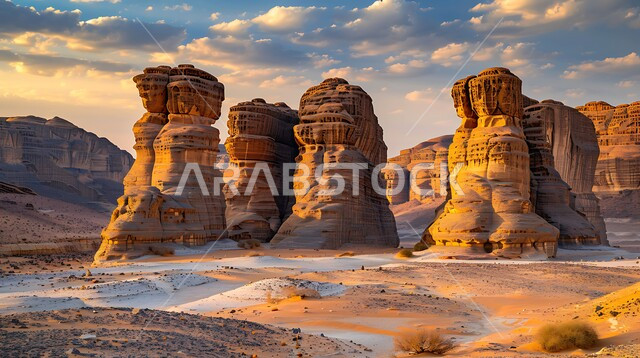  القمم والمرتفعات الجبلية وسط البيئة الرمليه، المناظر الطبيعية في المناطق الصحراوية في المملكة العربيه السعودية، معالم اثرية تاريخية قديمة، اماكن سياحية مشهورة، التكوينات والتشكيلات الصخرية في صحراء محافظة العلا