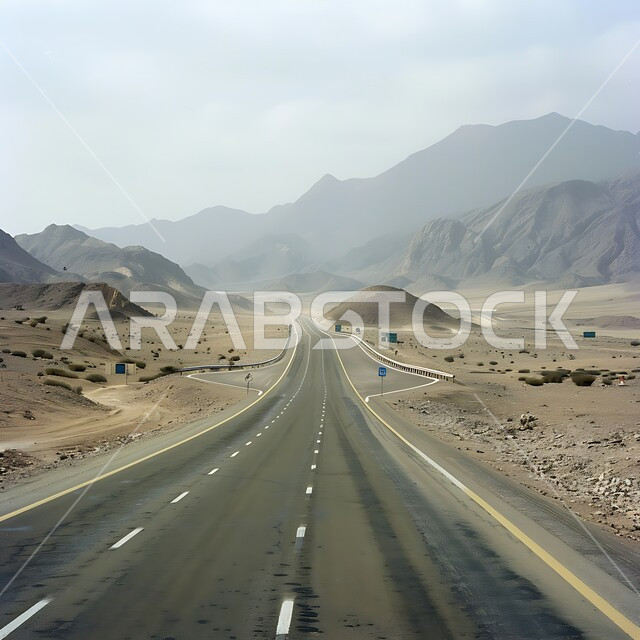 Highway in the middle of the desert, asphalt road between sand dunes, highways, roads and streets in desert areas in Saudi Arabia, nature background