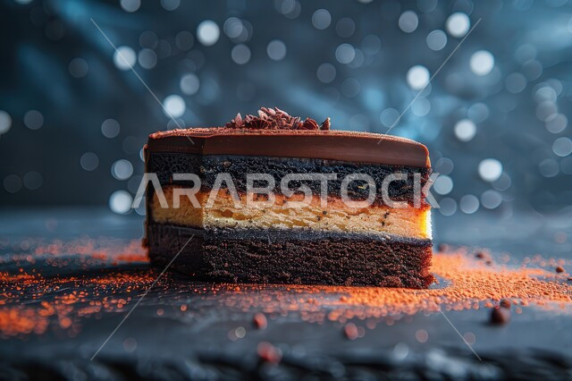كيكة الشوكولاتة الإسفنجية المزينة بالشوكولاته والكريمة، حشوة كريمة الكاكاو الشهية، أطعمه وسكريات ذات سعرات حراريه عاليه، قطع الحلوى اللذيذة، حلويات طازجة مخبوزة في الفرن