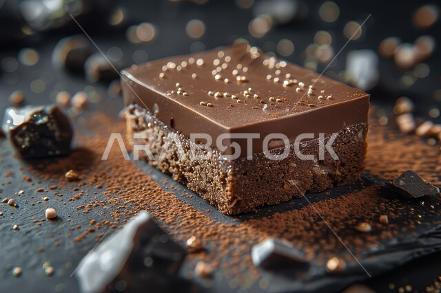 كيكة الشوكولاتة الإسفنجية المزينة بالشوكولاته والكريمة، حشوة كريمة الكاكاو الشهية، أطعمه وسكريات ذات سعرات حراريه عاليه، قطع الحلوى اللذيذة، حلويات طازجة مخبوزة في الفرن