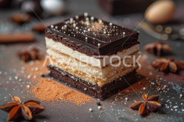 كيكة الشوكولاتة الإسفنجية المزينة بالشوكولاته والكريمة، حشوة كريمة الكاكاو الشهية، أطعمه وسكريات ذات سعرات حراريه عاليه، قطع الحلوى اللذيذة، حلويات طازجة مخبوزة في الفرن