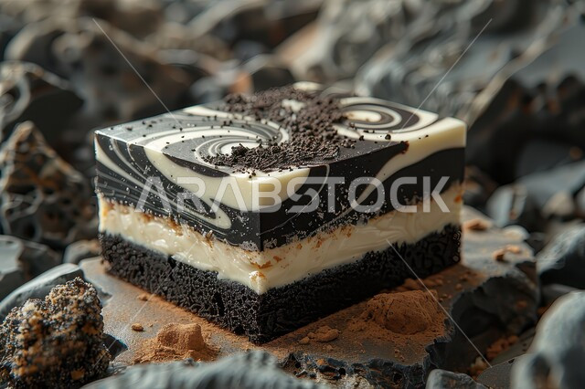 قطعة من كيكة الشوكولاتة الإسفنجية بالشوكولاته السوداء والبيضاء، حشوة كريمة الكاكاو والفانيليا الشهية، أطعمه وسكريات ذات سعرات حراريه عاليه، قطع الحلوى اللذيذة، حلويات طازجة مخبوزة في الفرن