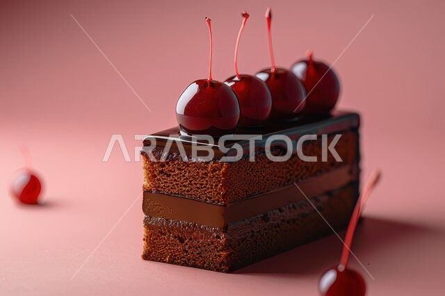 أطعمه وسكريات ذات سعرات حراريه عاليه، قطع الحلوى اللذيذة، حلويات طازجة مخبوزة في الفرن، قطعة من كيكة الشوكولاتة الإسفنجية المزينة بالشوكولاته والكريمة والفواكه، حشوة كريمة الكاكاو الشهية، خلفية رودية