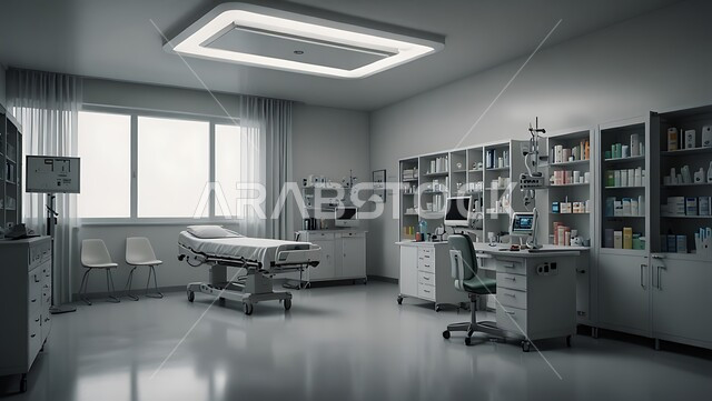 عيادات ومراكز صحيه متطوره، سرير إلكتروني طبي كهربائي للمريض، غرفه طبيه حديثه لفحص وتشخيص المرضى في المستشفى، حجره مجهزه بالأدوات والأجهزة الطبيه الحديثه، استخدام التقنيه والتكنولوجيا في العلاج والطب الحديث