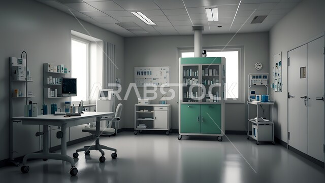 حجره مجهزه بالأدوات والأجهزة الطبيه الحديثه، عيادات ومراكز صحيه متطوره، غرفه طبيه حديثه لفحص وتشخيص المرضى في المستشفى، استخدام التقنيه والتكنولوجيا في العلاج والطب الحديث