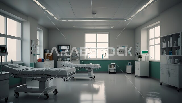 غرفة طبية حديثة لفحص وتشخيص المرضى في المستشفى، أدوات وأسرة وأجهزة طبية حديثة، استخدام التكنولوجيا والتقنية في العلاج والطب الحديث، عيادات ومراكز صحية متطورة