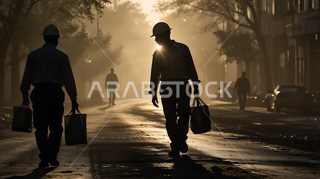 Construction, contracting and real estate development, engineering jobs and professions in Saudi Arabia, preparing to go to construction site at sunrise, silhouette of two Saudi Arabian Gulf engineers wearing safety helmets carrying work equipment and tools