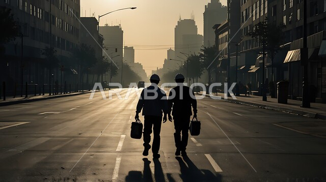 الاستعداد للذهاب إلى مقر البناء عند شروق الشمس، صورة ظلية لمهندسان عربيان خليجيان سعوديان يرتديان بدلة وخوذة الحماية يقومان بحمل معدات وأدوات العمل، مهن ووظائف هندسية في المملكة العربية السعودية