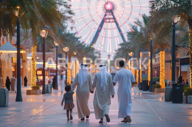 قضاء إجازة نهاية الأسبوع في أماكن المتعة والتسلية، صورة من الخلف لعائلة عربية خليجية سعودية تدخل الى مدينة الألعاب، تعزيز الروابط الأسرية، مفهوم الترفيه في العطلة الصيفية، الاستمتاع بالوقت مع الأصدقاء