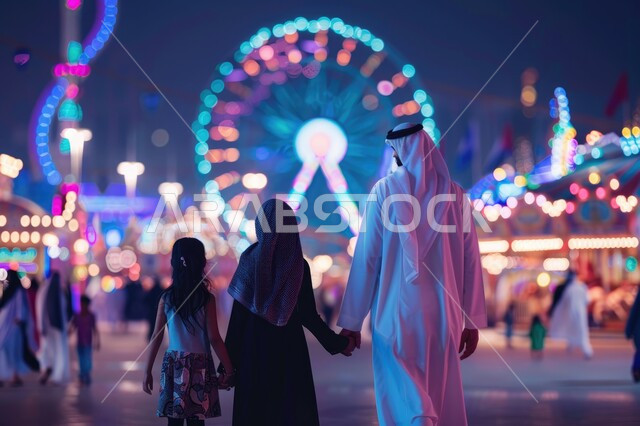 Spending the weekend in fun and entertainment places, a picture from the back of a Saudi Gulf Arab family spending their time having fun and entertainment in the illuminated amusement park at night, strengthening family ties, the concept of entertainment during the summer vacation