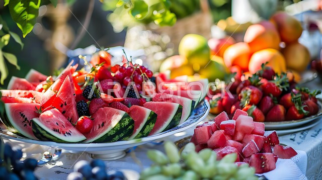 سناكات ووجبات خفيفية صحية، أطعمة غنية بالفيتامينات، سفرة مليئة بأصناف من الفواكه الصيفية المنعشة، منتجات ومحاصيل زراعية وطنية، الأساليب الفنية في تقديم الفاكهة، النزهات الترفيهية في المناطق الطبيعية