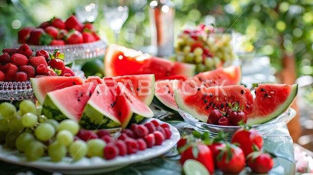 سفرة مليئة بأصناف من الفواكه الصيفية المنعشة، منتجات ومحاصيل زراعية وطنية، الأساليب الفنية في تقديم الفاكهة، سناكات ووجبات خفيفية صحية، أطعمة غنية بالفيتامينات، النزهات الترفيهية في المناطق الطبيعية