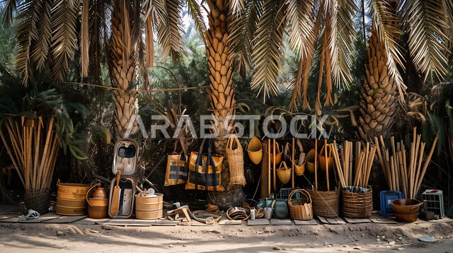 الأدوات المستخدمة في حصاد التمور، منتجات محلية وطنية سعودية، مهن وحرف يدوية، استعمال أوراق النخيل المجففة في صناعة السلل, المعدات المنزلية المصنوعة من الخوص