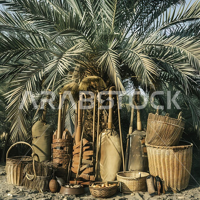 المعدات المنزلية المصنوعة من الخوص، الأدوات المستخدمة في حصاد التمور، منتجات محلية وطنية سعودية، مهن وحرف يدوية، استعمال أوراق النخيل المجففة في صناعة السلل