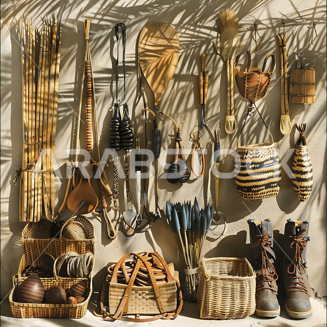 Use of dried palm leaves in basket making, household equipment made of wicker, tools used in harvesting dates, local Saudi national products, professions and handicrafts