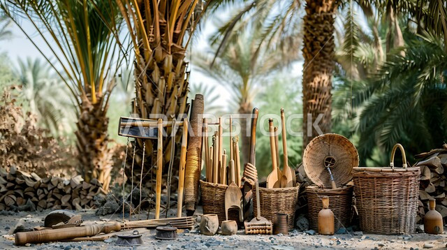 استعمال أوراق النخيل المجففة في صناعة السلل، المعدات المنزلية المصنوعة من الخوص، الأدوات المستخدمة في حصاد التمور، منتجات محلية وطنية سعودية، مهن وحرف يدوية