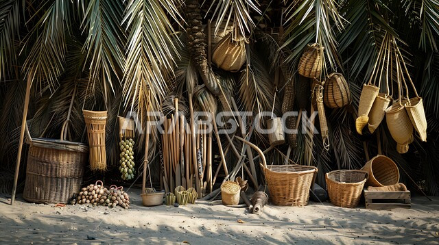 المعدات المنزلية المصنوعة من الخوص، الأدوات المستخدمة في حصاد التمور، منتجات محلية وطنية سعودية، مهن وحرف يدوية، استعمال أوراق النخيل المجففة في صناعة السلل