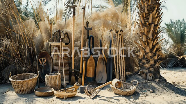 المعدات المنزلية المصنوعة من الخوص، الأدوات المستخدمة في حصاد التمور، منتجات محلية وطنية سعودية، مهن وحرف يدوية، استعمال أوراق النخيل المجففة في صناعة السلل