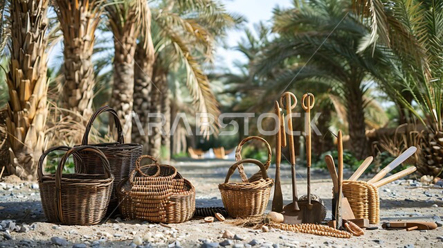 الأدوات المستخدمة في حصاد التمور، منتجات محلية وطنية سعودية، مهن وحرف يدوية، استعمال أوراق النخيل المجففة في صناعة السلل, المعدات المنزلية المصنوعة من الخوص