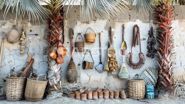 منتجات محلية وطنية، الأدوات المستخدمة في حصاد التمور، مهن وحرف يدوية، استعمال أوراق النخيل المجففة في صناعة السلل, المعدات المنزلية المصنوعة من الخوص في الأسواق الشعبية السعودية