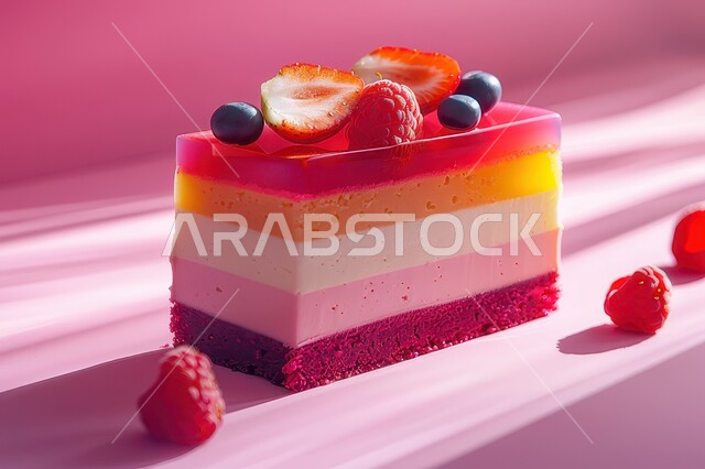 قطعة من كيكة طبقات الفواكه، حشوة كريمة التوت والجيلي الشهية، أطعمه وسكريات ذات سعرات حراريه عاليه، قطع الحلوى اللذيذة، حلويات طازجة مخبوزة في الفرن