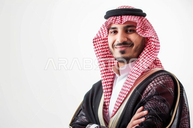 The concept of masculinity and self-confidence, concern for elegance and external appearance, a close-up portrait of a smiling Saudi Gulf Arab man wearing a shemagh and traditional thobe, looking at the camera with gestures of pleasure and joy, white background