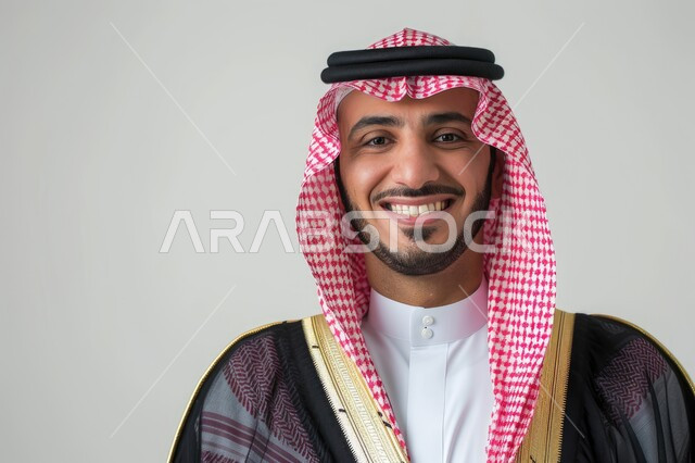The concept of masculinity and self-confidence, concern for elegance and external appearance, a close-up portrait of a smiling Saudi Gulf Arab man wearing a shemagh and traditional thobe, looking at the camera with gestures of pleasure and joy, white background