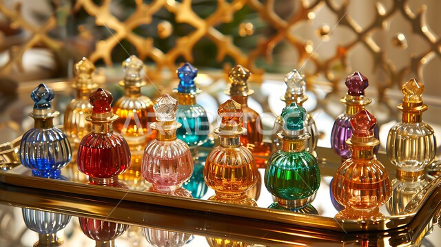 المحلات التجارية لبيع الطيب والعطر العربي، التسوق والتبضع في الأسواق الشعبية السياحية في المملكة العربية السعودية، زيوت تقليدية تراثية، صورة مقربة لزجاجات العطور العربية الملونة في سوق شعبي