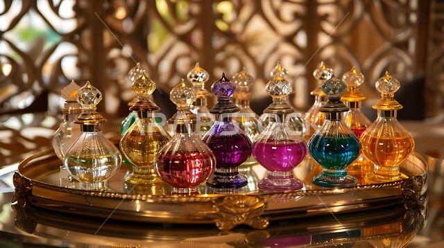 المحلات التجارية لبيع الطيب والعطر العربي، التسوق والتبضع في الأسواق الشعبية السياحية في المملكة العربية السعودية، زيوت تقليدية تراثية، صورة مقربة لزجاجات العطور العربية الملونة في سوق شعبي