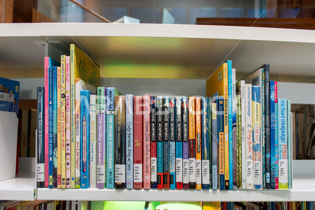 جناح الطفل بمكتبة محمد بن راشد في مدينة دبي، أماكن القراءة والثقافة، صورة مقربة لمجموعة من الكتب والقصص والروايات، صرح معرفي حضاري، معالم سياحية مشهورة في الامارات العربية المتحدة، فعاليات ومعارض متميزة