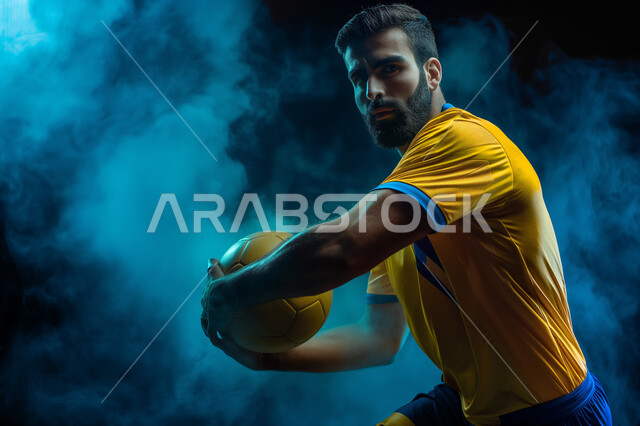 بورتريه مقرب لشاب عربي خليجي سعودي يرتدي الملابس الرياضية يمسك بيده كرة القدم بتعابير الجدية والثقة بالنفس، الوقوف باستقامة والنظر الى الكاميرا، الرياضات السعودية الشبابية، ممارسة الهوايات الرياضية، خلفية سوداء