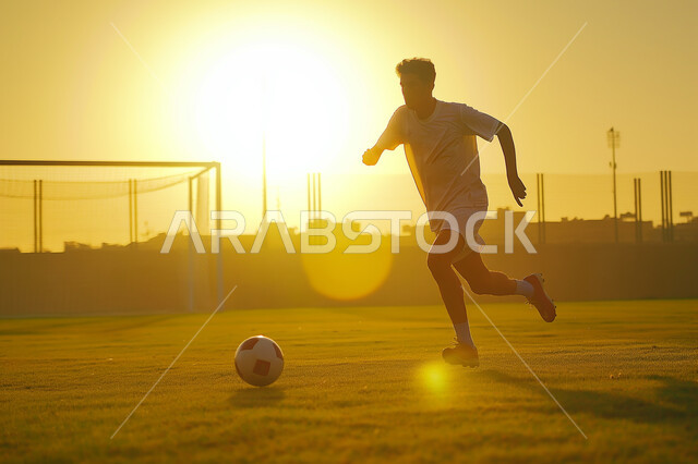 تعابير وايماءات الحماس، اتقان الرياضات السعودية الشبابية، ممارسة الهوايات الرياضية، لاعب عربي خليجي سعودي يرتدي الملابس الرياضية يقوم بركل كرة القدم، خلفية الملعب