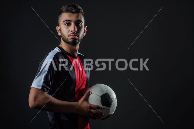 الوقوف باستقامة والنظر الى الكاميرا، اتقان الرياضات السعودية الشبابية، ممارسة الهوايات الرياضية، بورتريه مقرب لشاب عربي خليجي سعودي يرتدي الملابس الرياضية يمسك بيده كرة القدم بتعابير الجدية والثقة بالنفس، خلفية سوداء
