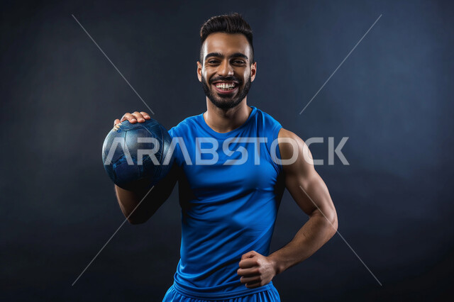 الوقوف باستقامة والنظر الى الكاميرا بايماءات السعادة والحماس، اتقان الرياضات السعودية الشبابية، ممارسة الهوايات الرياضية، بورتريه مقرب لشاب عربي خليجي سعودي مبتسم يرتدي الملابس الرياضية يمسك بيده كرة القدم بتعابير الجدية والثقة بالنفس، خلفية سوداء