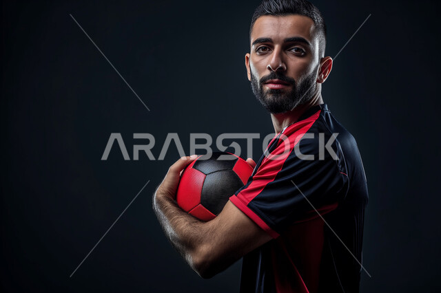 Standing straight and looking at the camera, mastering Saudi youth sports, practicing sports hobbies, close-up portrait of a young Saudi Arabian Gulf man wearing sportswear holding a football with an expression of seriousness and self-confidence, black background