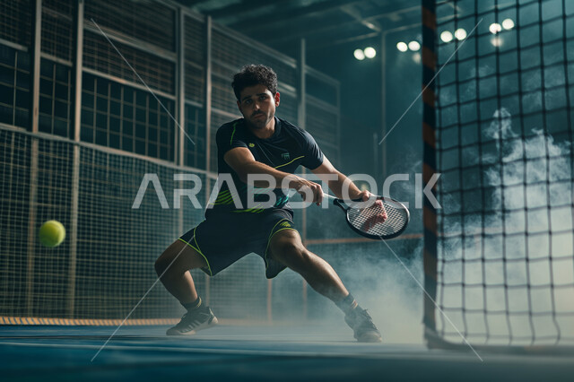 اتقان واحتراف الألعاب الرياضية الممتعة، لاعب بادل عربي خليجي سعودي يرتدي الزي الرياضي يقوم باللعب المضرب، إيماءات تدل على السعادة والحماس، الأنشطة الترفيهية والرياضات الشبابية