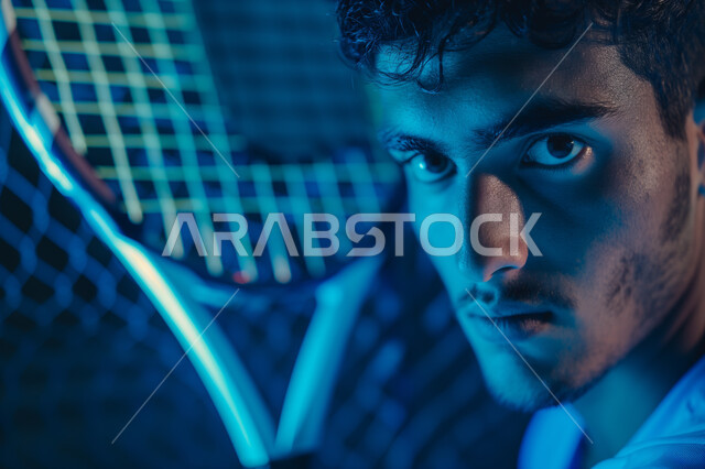 Expressions and gestures indicating seriousness and enthusiasm, recreational activities and youth sports, mastery and professionalism of fun sports, a Saudi Arabian Gulf padel player wearing sportswear playing the racket