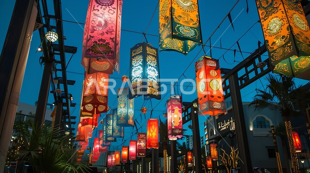  زينة و أنوار شهر رمضان المبارك، تحف و اكسسوارات مميزة للاحتفال بقدوم شهر الخير, المصابيح المعدنية المعلقة في الأجواء الرمضانية الروحانية، مجموعة من الفوانيس العربية التقليدية الملونة المضيئة